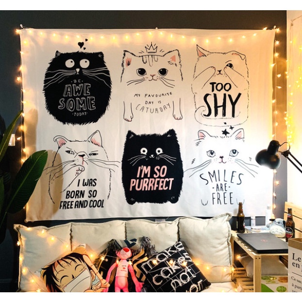 [Giảm giá sốc] Thảm Trang Trí - TranhTreo Tường Hình 6 Chú Mèo Cute có Tặng kèm đèn nháy và móc treo siêu hời