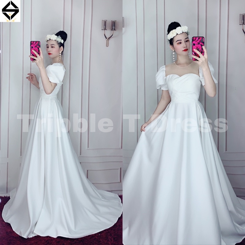 Đầm maxi xoè mặc cưới xếp ly ngực 3 tia tay ngắn phồng cổ tròn phối lưới nude TRIPBLE T DRESS - size S/M/L - MS179Y