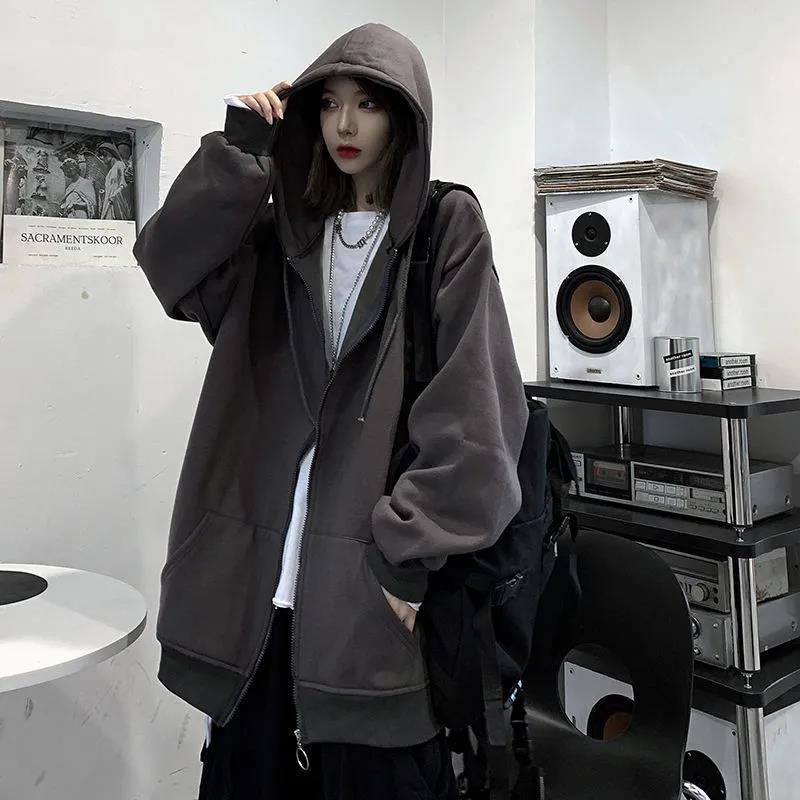【Yuki】Áo khoác nỉ hoodie nữ zip form rộng màu xám đậm trẻ trung năng động