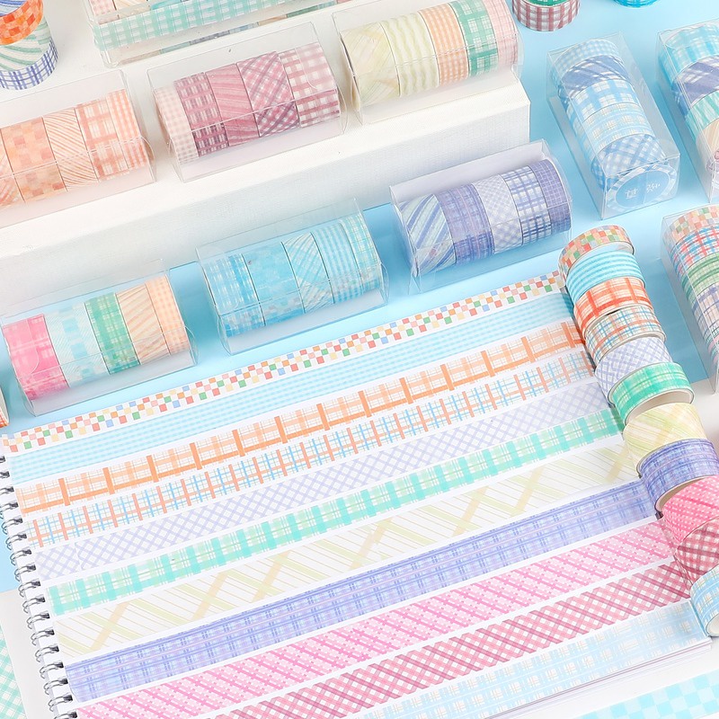 Set 5 cuộn băng dính washi RUIXIANG họa tiết kẻ sọc trang trí đa năng