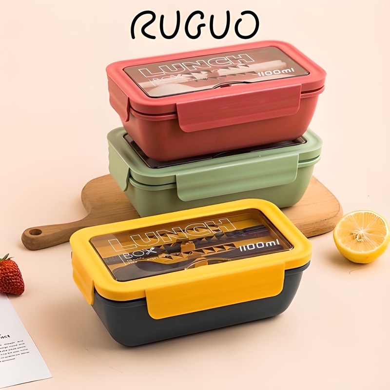 Hộp cơm văn phòng 1100ml Bento Box lúa mạch 2 ngăn chống tràn kèm đũa thìa cao cấp sử dụng được trong lò vi sóng