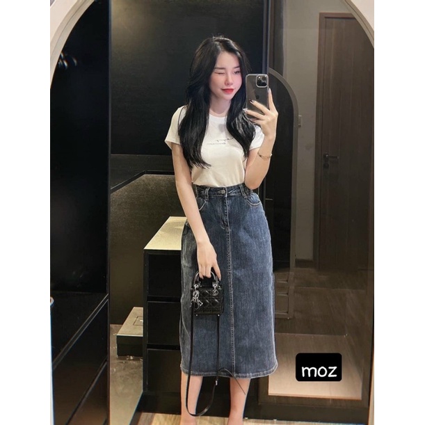 Chân váy bò nữ, Chân váy jeans dáng dài chất co giãn form chuẩn