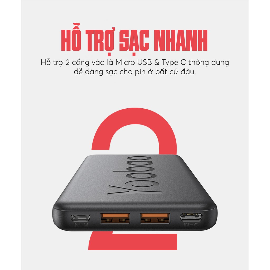 Pin sạc dự phòng chính hãng Yoobao 10000 mAh P10T- 2 cổng USB- Hỗ trợ sạc 2 máy- Có đèn LED báo dung lượng