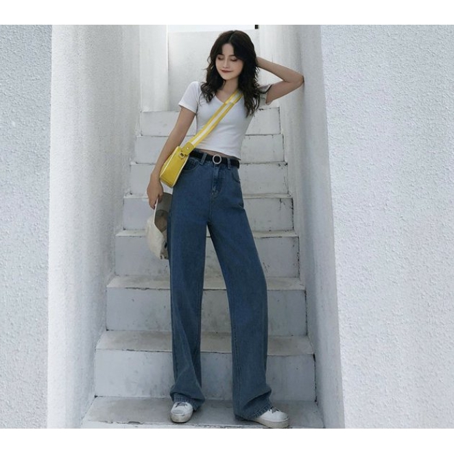 SUXI Quần Jeans Nữ Lưng Cao Ống Rộng Thời Trang Hàn Quốc
