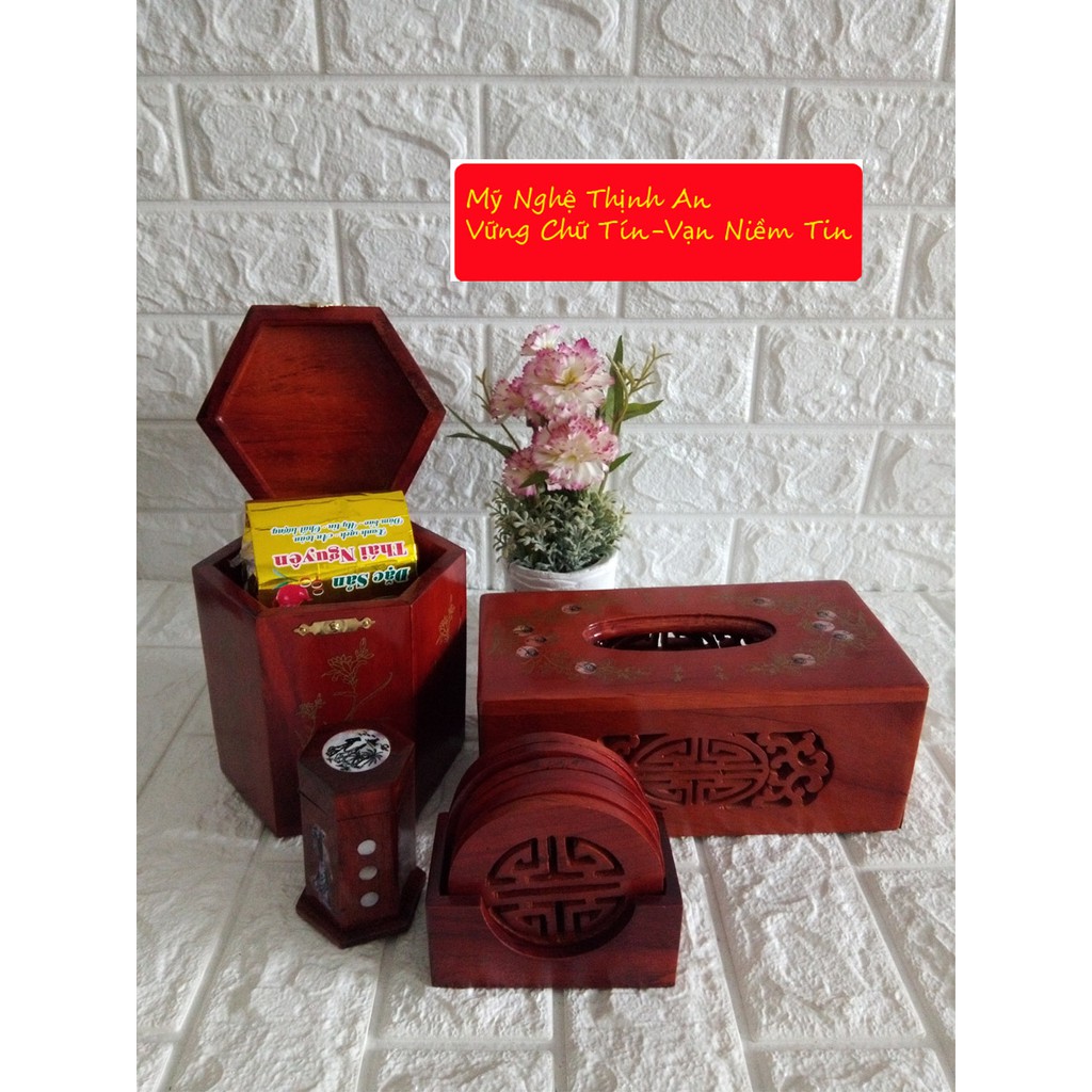 Bộ bốn món tiện ích hộp trà lớn,hộp khăn giấy chữ nhật ,lót ly khảm,hộp tăm-4MLL01