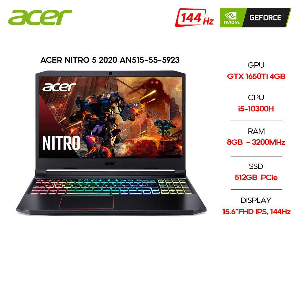 Laptop Acer Nitro 5 2020 AN515-55-5923 i5-10300H 8GB 512GB GTX 1650Ti 15.6" 144Hz