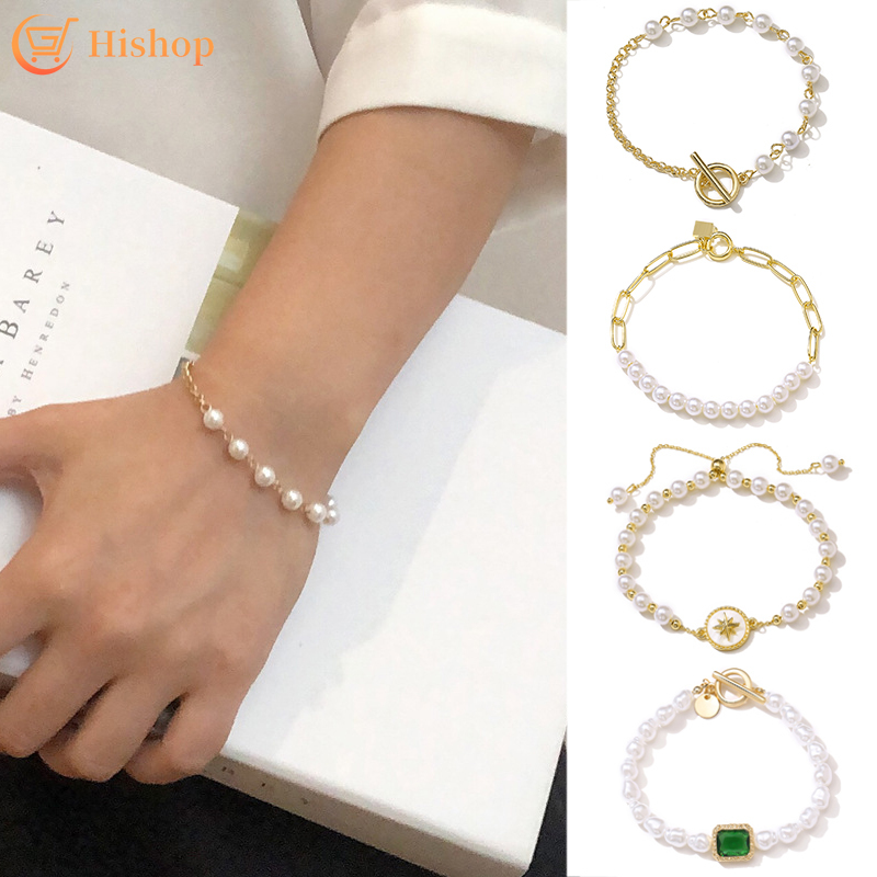 Vòng tay hợp kim đính ngọc trai giả xinh xắn cho nữ