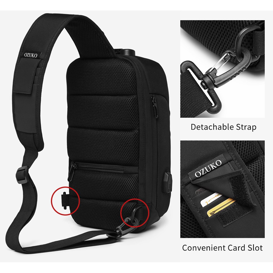Túi đeo chéo ngang ngực chống thấm nước hợp thời trang có cổng sạc USB cho nam