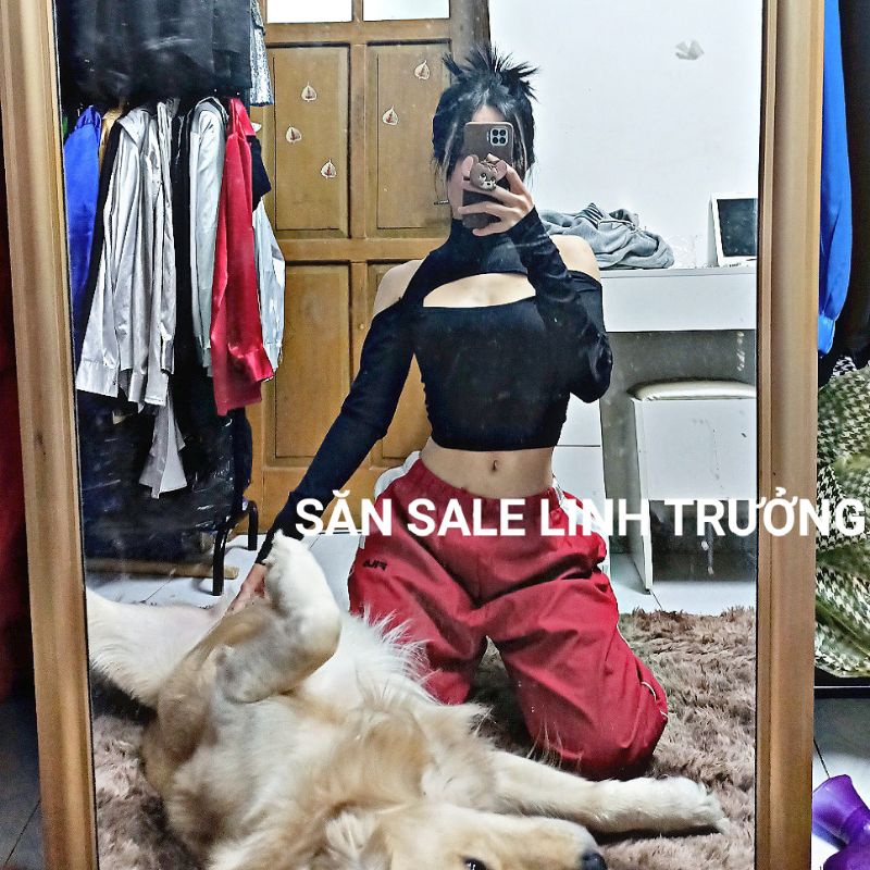 Áo croptop nữ tay dài, áo thun croptop kiểu cut out ngực hở vai cá tính