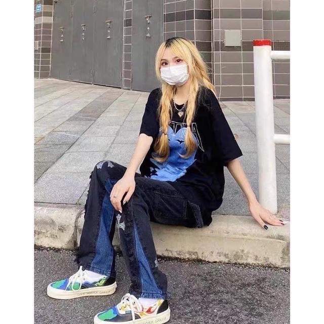 Quần jean ống rộng unisex thánh giá thêu hiphop