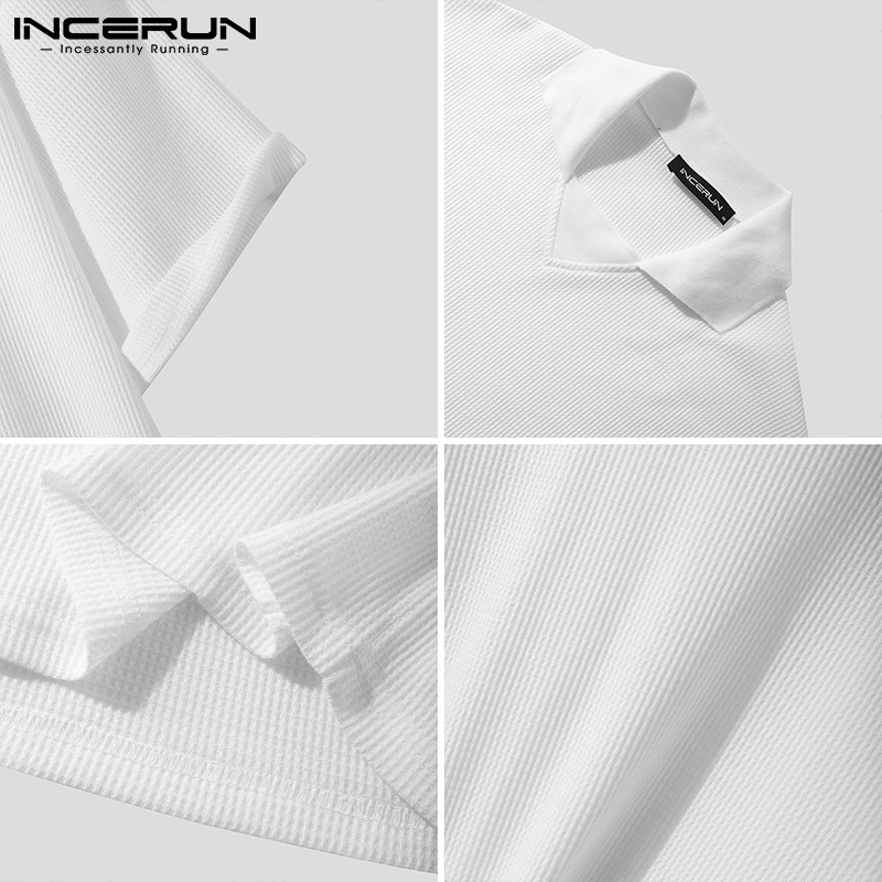 Áo thun INCERUN tay ngắn cổ áo bẻ dáng rộng màu trơn phong cách Hàn Quốc thời trang dành cho nam