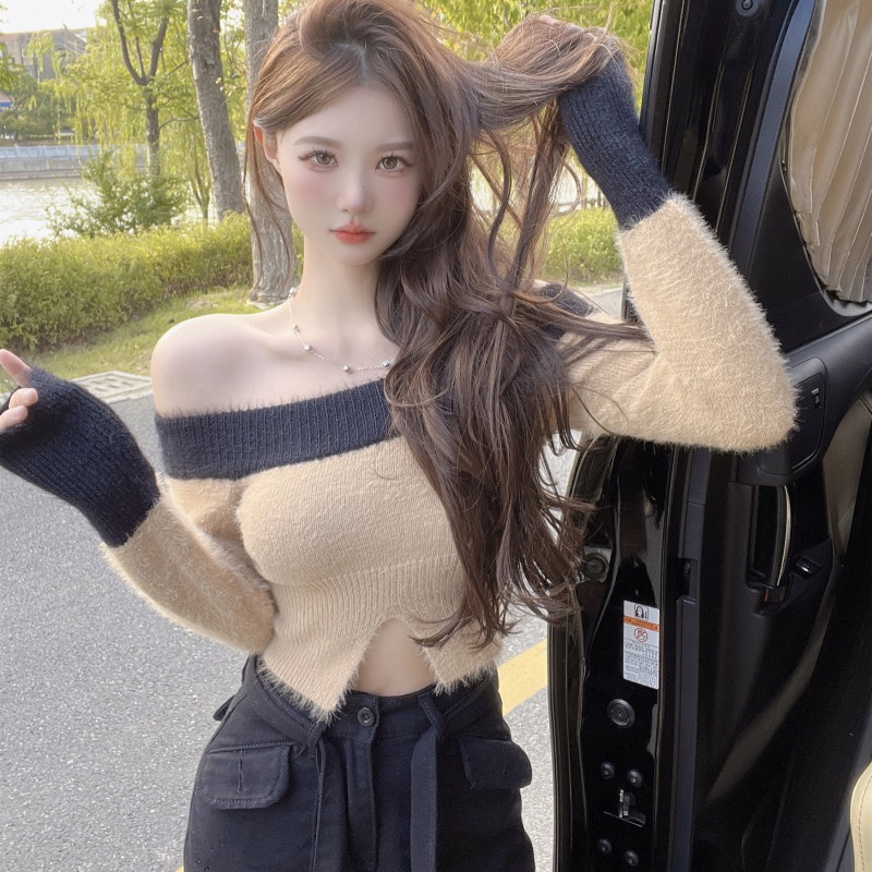 Áo Dệt Kim Tay Dài Trễ Vai Thiết Kế Ôm Sát Hợp Thời Trang