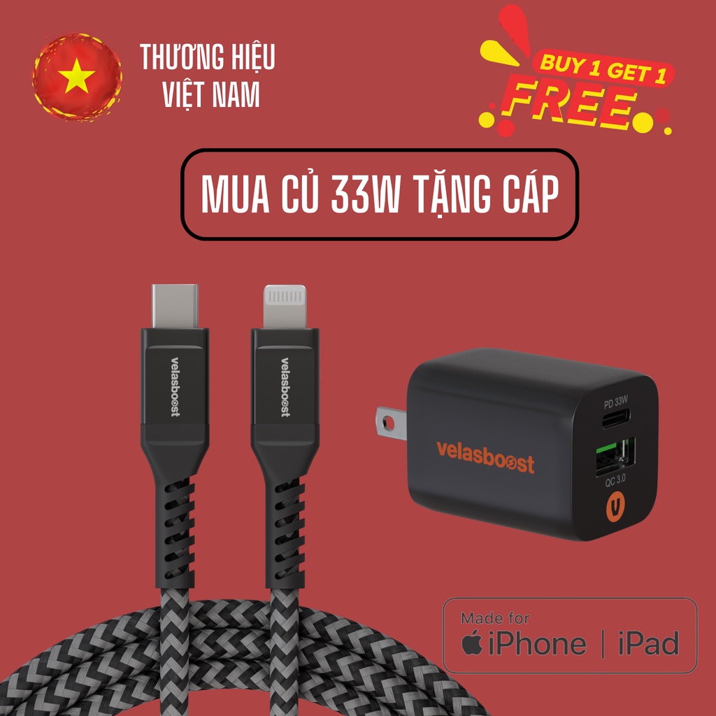 Bộ sạc nhanh Velasboost 33w 2 cổng,chân cố định,kèm cáp C to hoặc cáp C to C hỗ trợ PD,QC,PPS,chuẩn MFI