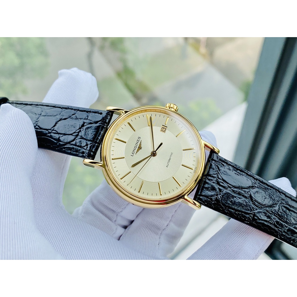 Đồng hồ nam chính hãng Longines Presence Automatic Gold Dial Black Leather L49212422 - Máy cơ Thụy Sĩ - Kính Sapphire