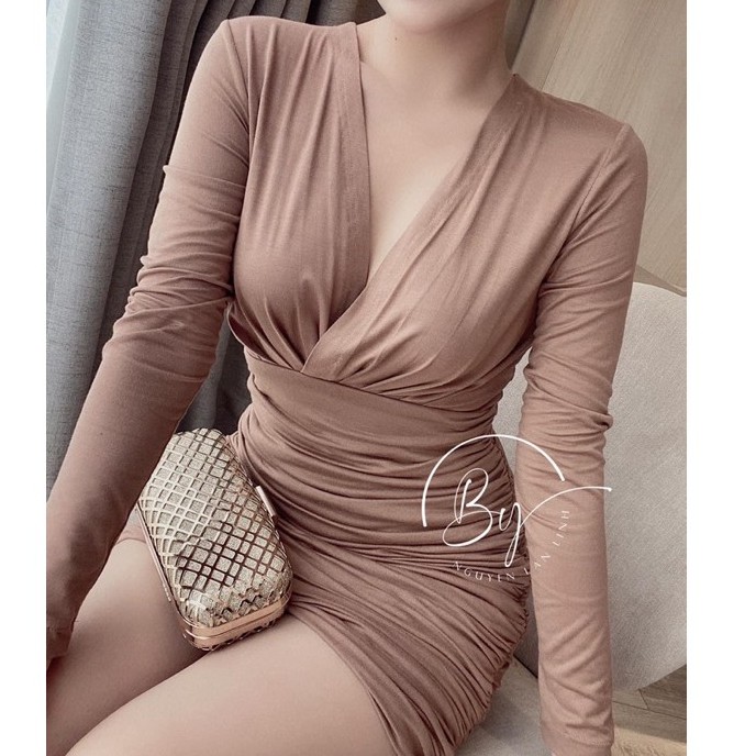 [Mã FATHANG5 giảm 10K đơn 50K] Váy Nhúm Cổ Vạt Dáng Ôm Body Chất Thun Lạnh Cao Cấp, Đầm Dự Tiệc Dài Tay Siêu Xinh | BigBuy360 - bigbuy360.vn