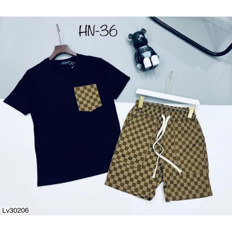 [Sẵn Hàng] Bộ Quần Áo Nam LV Thêu Hoạ Tiết Vải Cotton Mát Mịn - Bộ LV Nam Phối Quần Kẻ Caro