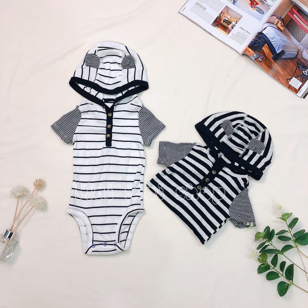 Body chip cộc tay cotton có mũ cho bé trai 0-24tháng -Bodysuit, bộ đồ liền thân chất cotton mỏng vừa