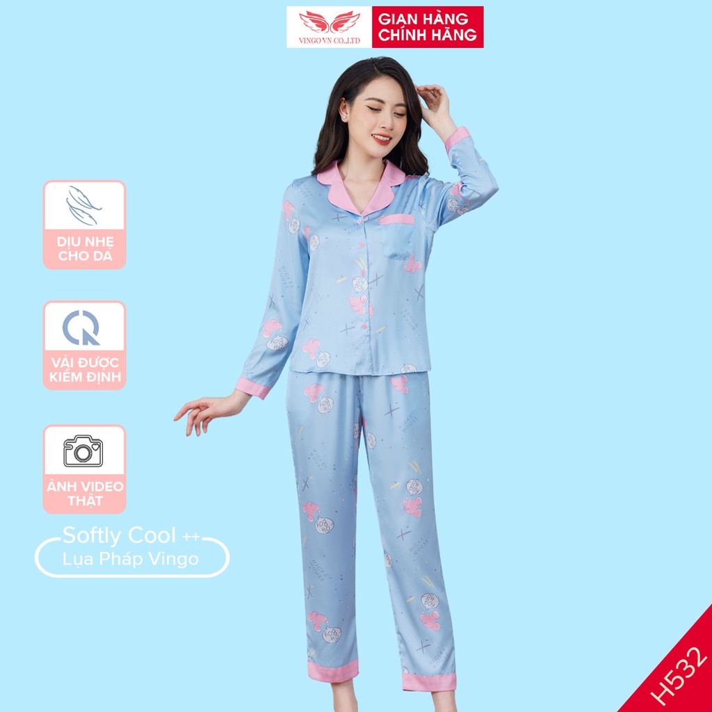 Đồ bộ nữ pijama mặc nhà  VINGO Lụa Pháp cao cấp tay dài quần dài Thu Đông 2021 họa tiết hồng phối xanh H532 VNGO - TDQD