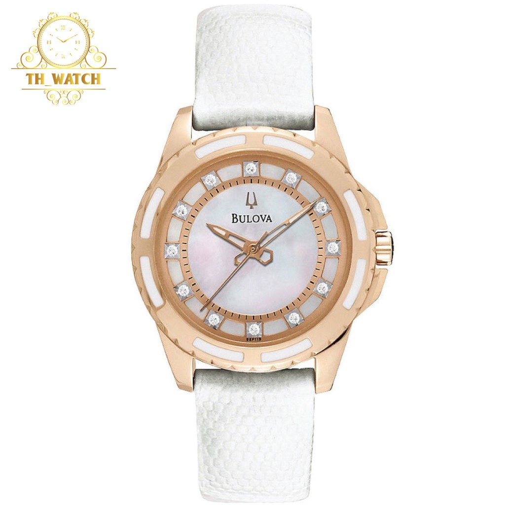 Đồng hồ Nữ hàng hiệu Bulova 98P119, mặt trắng khảm trai, cọc số đính hạt, dây da, kính cứng - Máy quartz