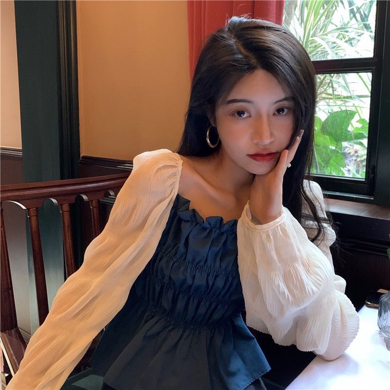 [ Mã 12FASHIONSALE1 giảm 10K đơn 50K ] Korean women color blouse shoulder bubble sleeve