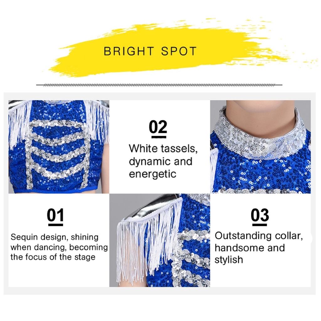 Bộ đồ trình diễn phối tua rua đính kim sa màu xanh dành cho unisex