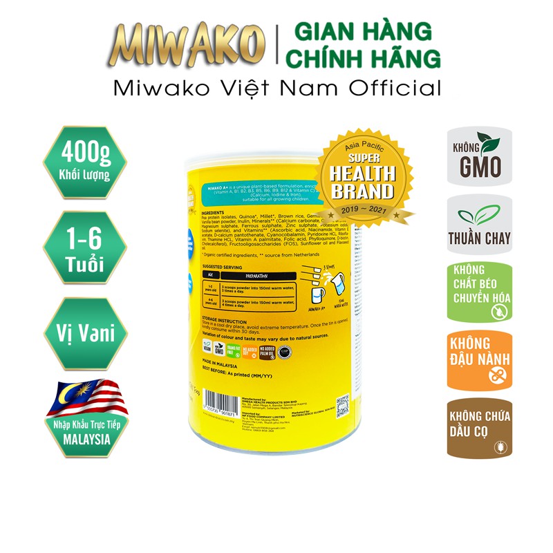 Sữa công thức thực vật hữu cơ Miwako A+ Vị vani - 400g - Malaysia
