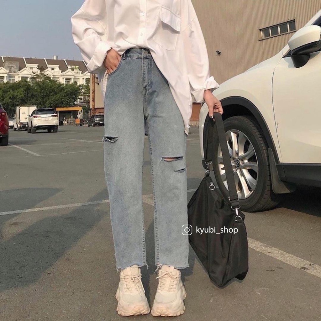 Quần jean baggy nữ ulzzang Kyubi lưng cao cắt lai tua rách cá tính [Có Bigsize]- Baggy jean Kyubi JUN3