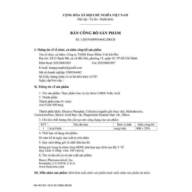 Folic Acid Ubb - Bổ Sung Acid Folic Cho Phụ Nữ Mang Thai, Hộp 100 Viên ✅ (Hàng Chính Hãng)