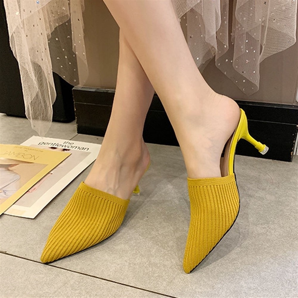 Giày Cao Gót Sandal Mũi Nhọn Không Trượt Bằng Vải Dệt Trong Suốt Ánh Kim Loại Dành Cho Bạn Nữ Có Sẵn