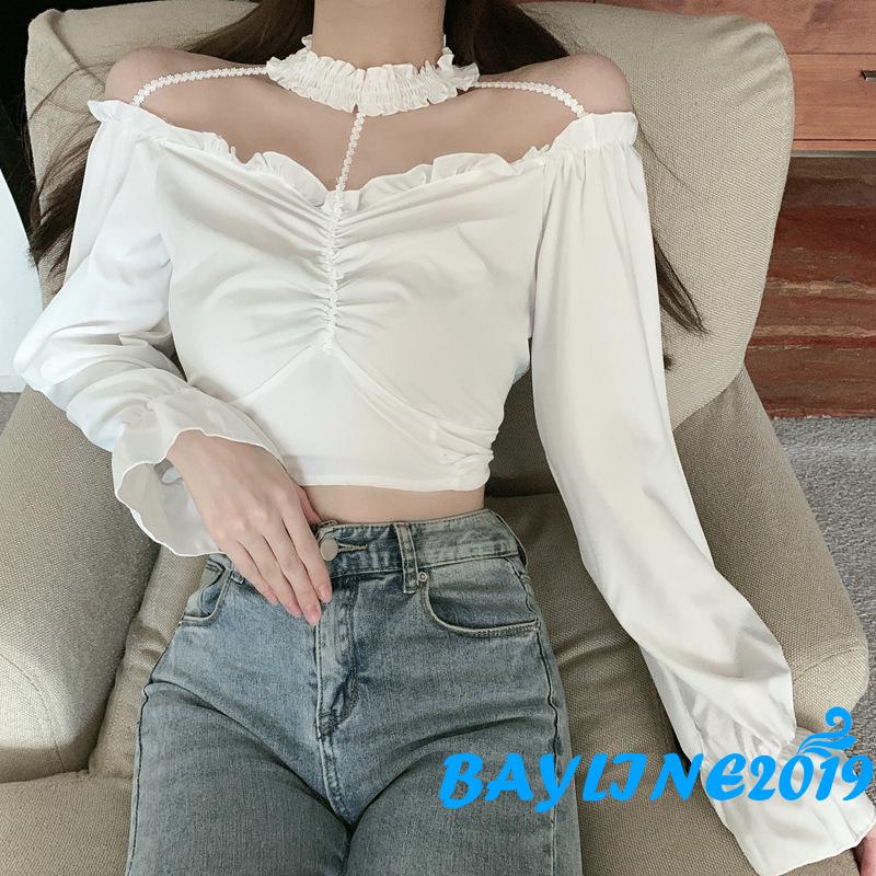 Áo lửng trễ vai tay dài phối choker gợi cảm cho nữ