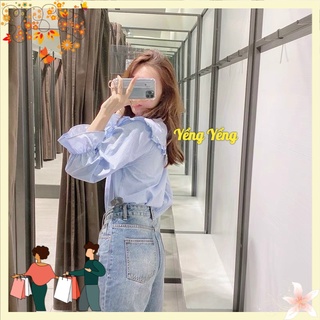 Anu486 - áo sơ mi nữ kẻ caro xanh cổ bèo cúc ngọc