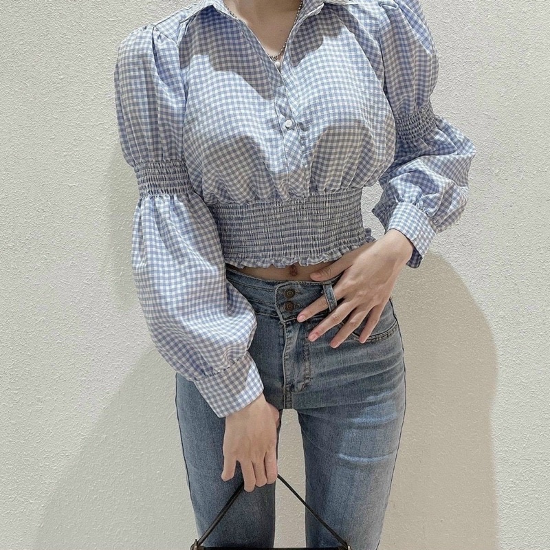 ÁO CROPTOP CARO NHÍ CHUN EO TAY KHÚC