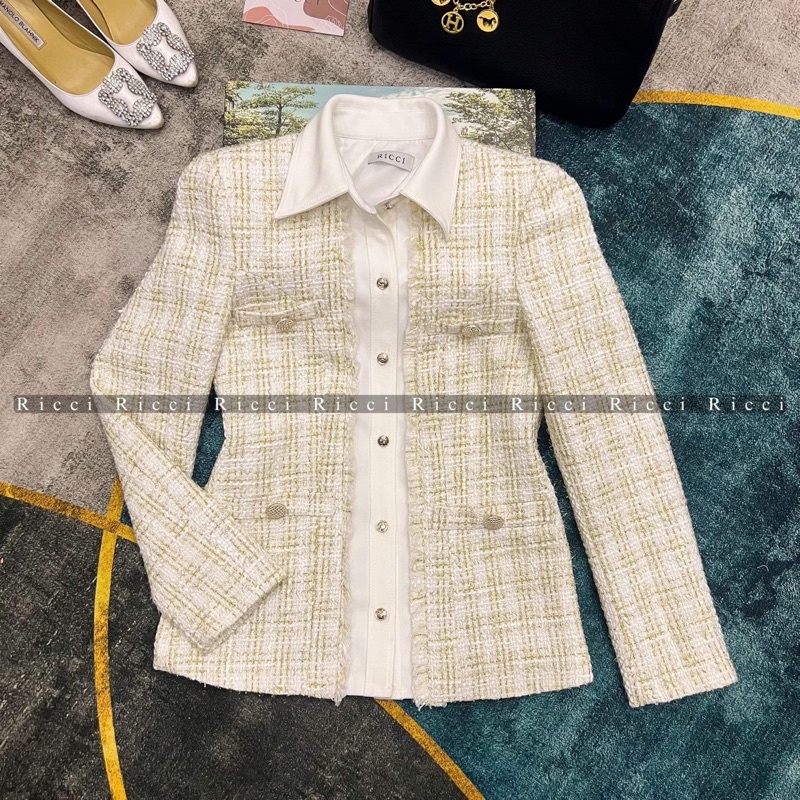 Áo khoác dạ tweed caro sổ sơmi RICCI size L
