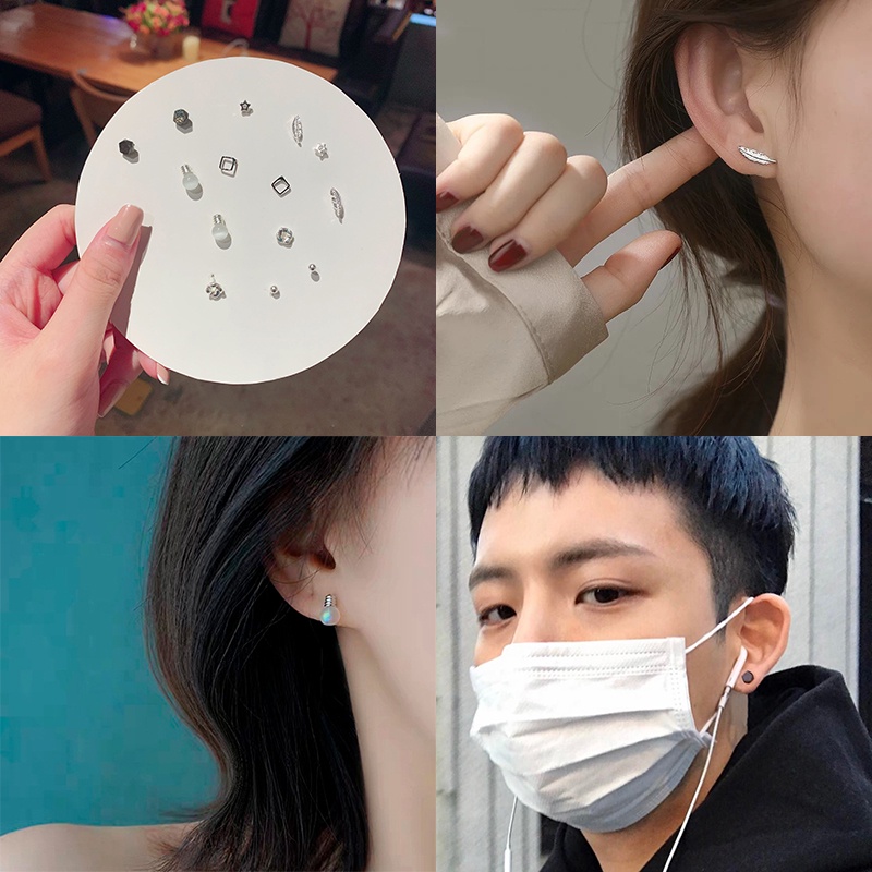 Set 7 Đôi Bông Tai Bạc S925 Hình Nơ / Đám Mây Màu Cầu Vồng Chống Dị Ứng Cho Nữ Sinh