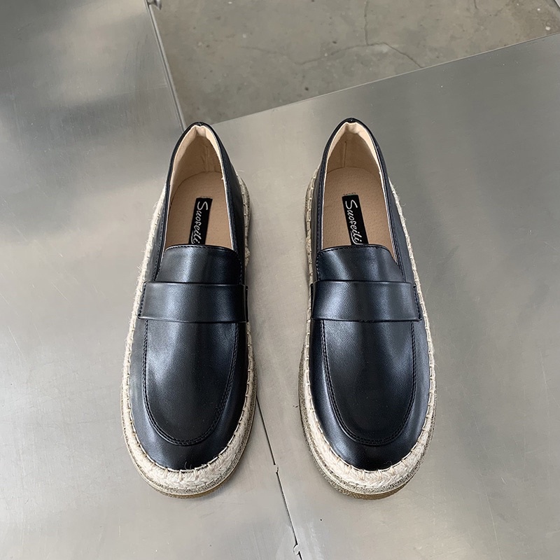 Giày lười đế bệt nữ CÓ SẴN slip on gót thấp đế cói 3cm form dáng basic da mềm màu trắng đen Calee Store - 58920