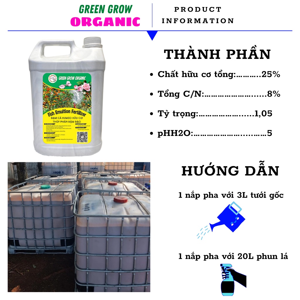 Phân bón đạm cá humic GREEN GROW ORGANIC phân cá hữu cơ kích rễ cho hoa hồng rau sạch can 5 lít MS134