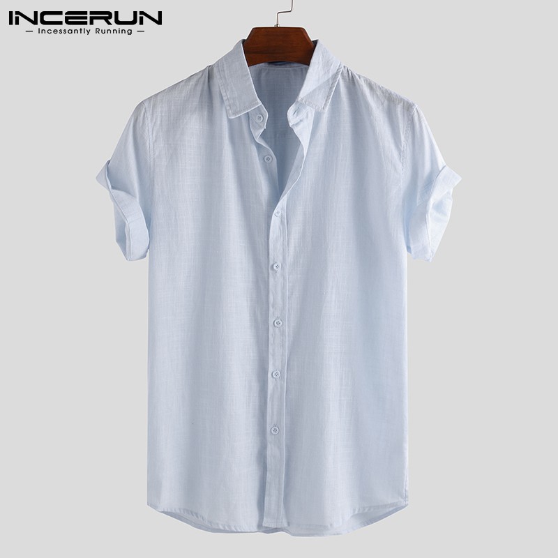 Áo sơ mi INCERUN ngắn tay màu trơn thời trang cho nam