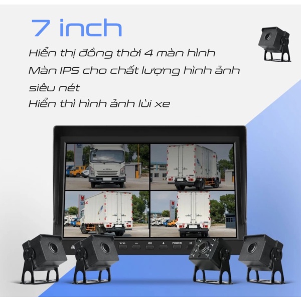 Camera hành trình 360 Full HD cho xe tải, xe khách, xe đầu kéo container - màn hình LCD 7inch  4 Mắt Camera AHD Siêu Nét
