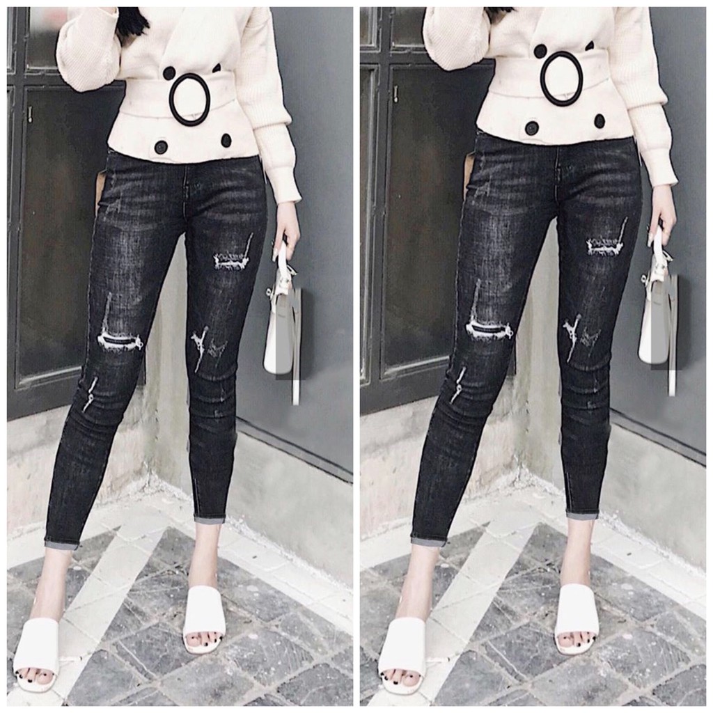 Quần jean dài 9 tấc màu xám lông chuột, lưng cao, co dãn mạnh 2544