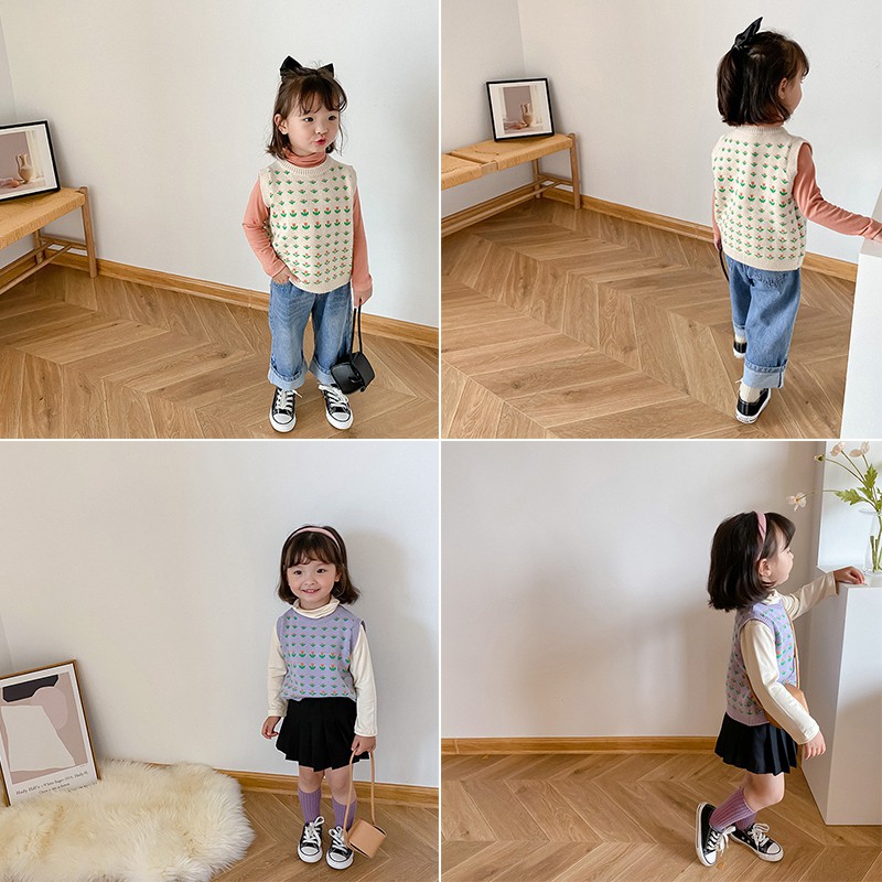 Áo Len Sát Nách Cổ Tròn Thời Trang Xuân Thu Cho Bé Gái