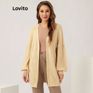 210QX 1206de-Lovito Áo len thông thường Plain Bishop Sleeve Open Front Knit Cardigan L21LT104 (Beige)