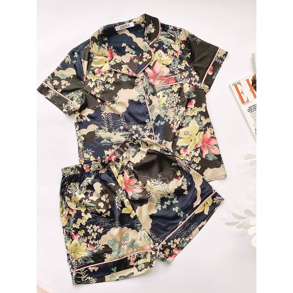 JAPAN SILK - Bộ cộc pijama lụa Nhật họa tiết hoa hồng nền trắng sang chảnh