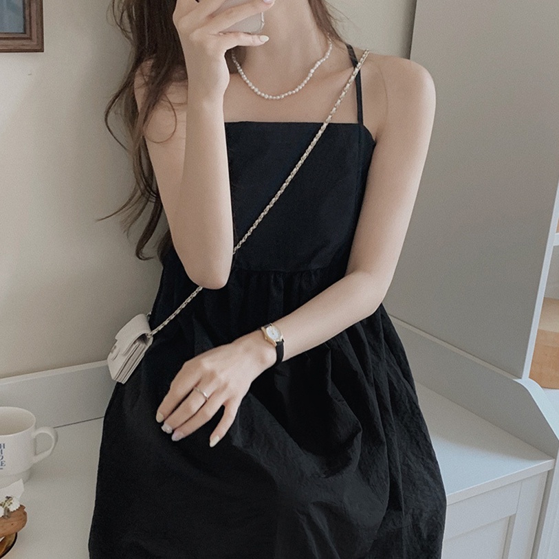 SUXI Korean Style All-match Slim Fit Solid Color Sleeveless Sweet Suspender Dress
