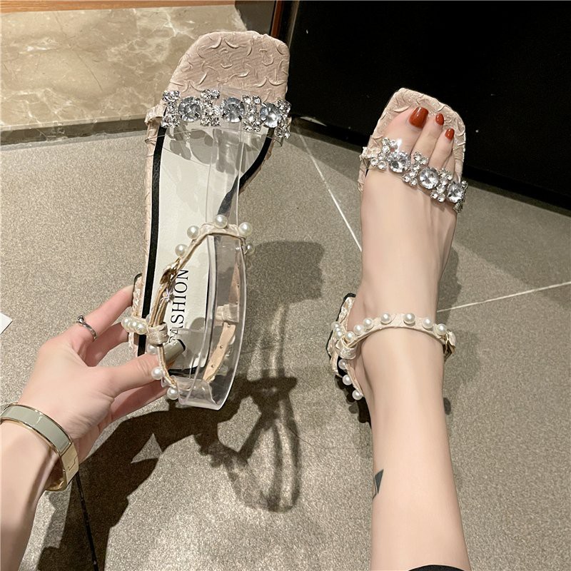 (ORDER) Sandal 4cm vải nhún quai mảnh đính cườm BIG SIZE 34-42