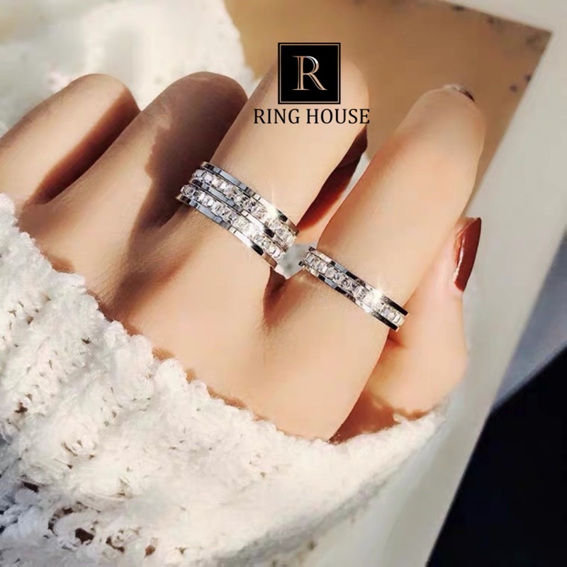 Nhẫn Đôi Cặp Nam Nữ Titan Màu Bạc Không Gỉ Đen CK Carti Đính Đá Zircon Sáng Đẹp Ring House