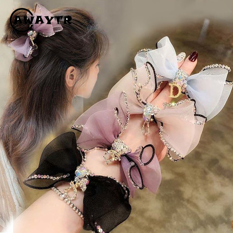 Dây buộc tóc trang trí nơ đính đá nhân tạo kiểu tiên nữ tóc tiên phong cách Hàn Quốc