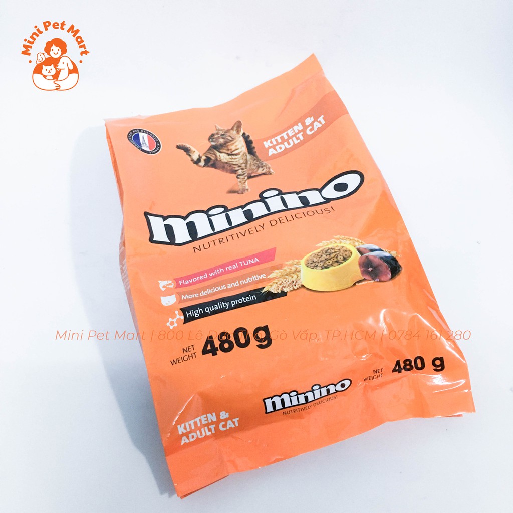 Thức ăn hạt cho mèo trưởng thành và mèo con MININO 480g - Vị cá ngừ