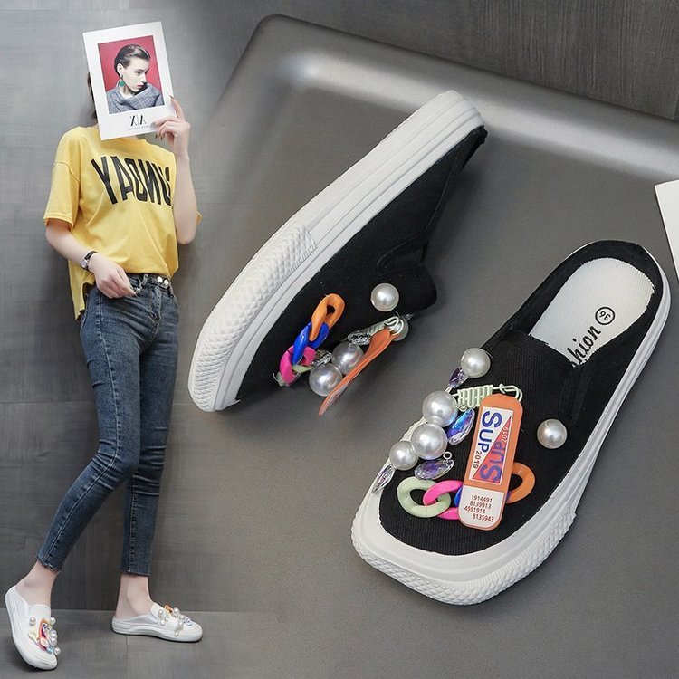 Dép Vải Canvas Đế Bằng Đính Ngọc Trai Dễ Thương | BigBuy360 - bigbuy360.vn