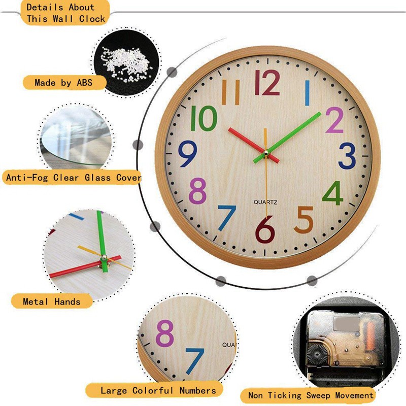 Silent Non Ticking Kids Wall Clock, Battery Colorful Decorative Clock