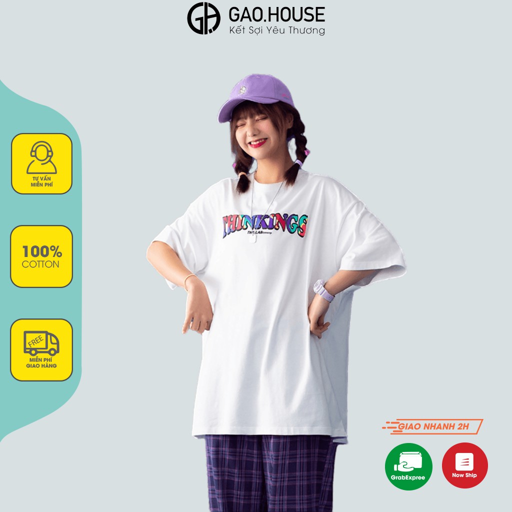Áo thun nam nữ oversize Gạo House phong cách unisex form rộng tay ngắn, cổ trònmàu trắng chữ Thinkings